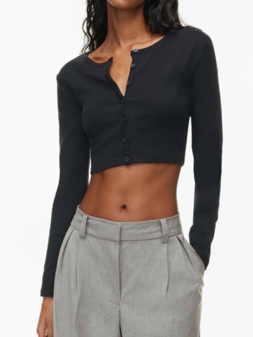Cropped Long-Sleeve Button-Front Top in Black